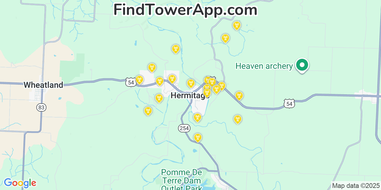 Map showing the 20 primary cell tower locations detected in Hermitage, Missouri from AT&T, Verizon, and T-Mobile networks