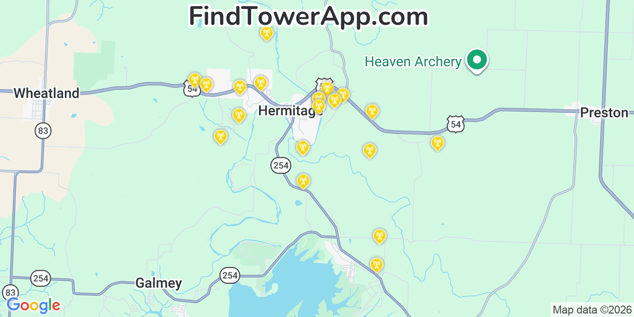 Map showing the 20 primary cell tower locations detected in Hermitage, Missouri from AT&T, Verizon, and T-Mobile networks