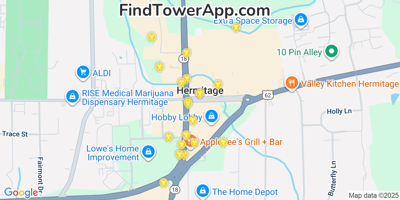 Map showing the 20 primary cell tower locations detected in Hermitage, Pennsylvania from AT&T, Verizon, and T-Mobile networks