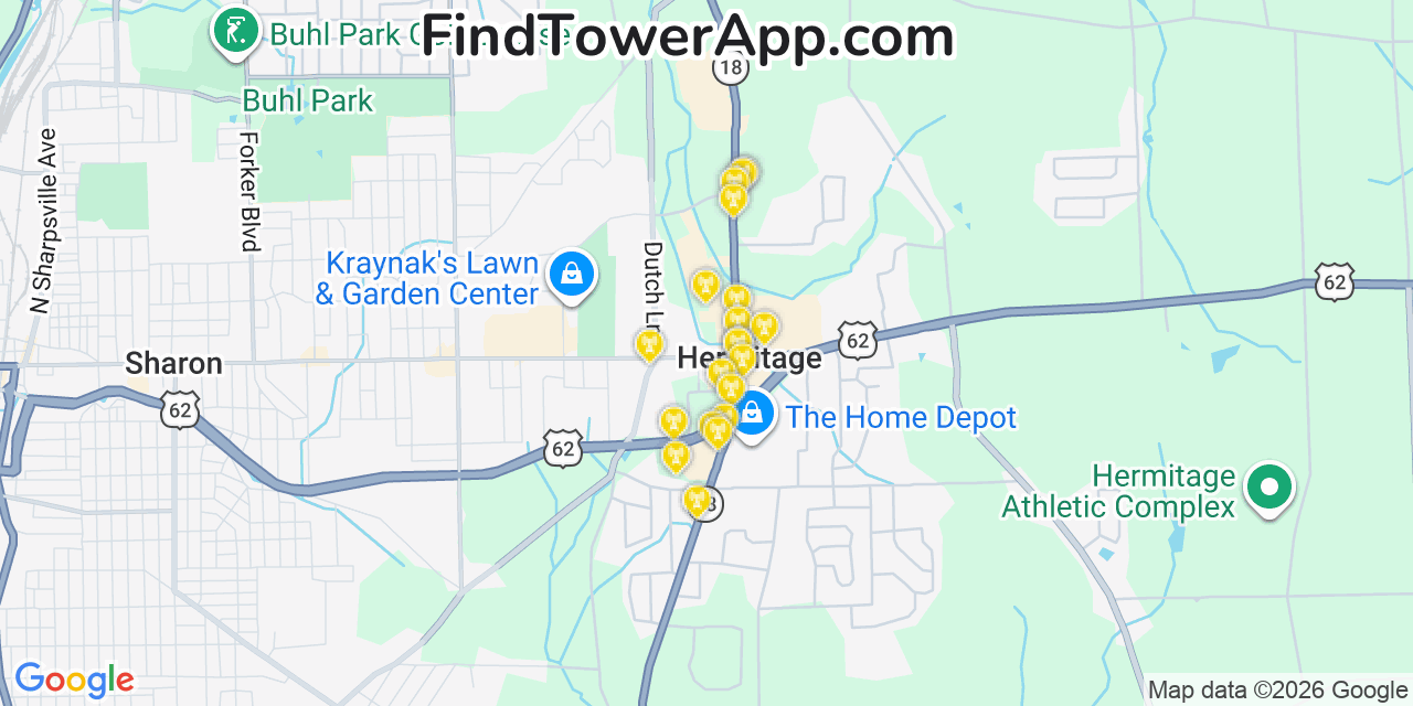 Map showing the 20 primary cell tower locations detected in Hermitage, Pennsylvania from AT&T, Verizon, and T-Mobile networks