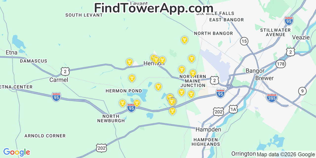 Map showing the 20 primary cell tower locations detected in Hermon, Maine from AT&T, Verizon, and T-Mobile networks