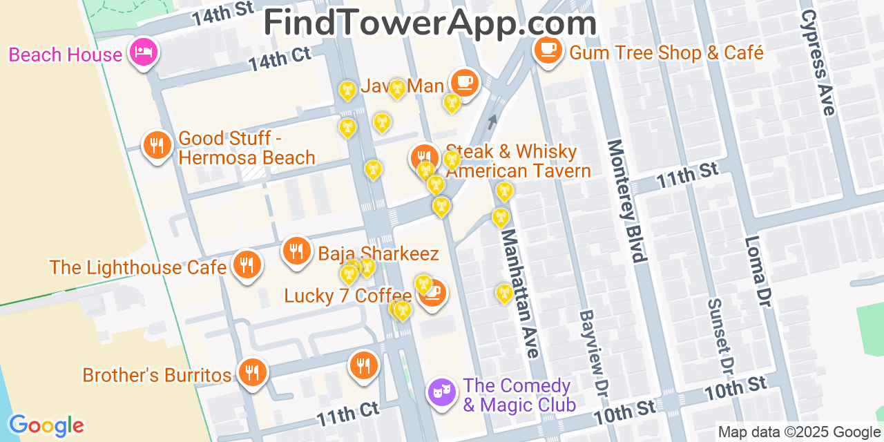 Map showing the 20 primary cell tower locations detected in Hermosa Beach, California from AT&T, Verizon, and T-Mobile networks