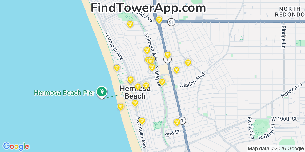Map showing the 20 primary cell tower locations detected in Hermosa Beach, California from AT&T, Verizon, and T-Mobile networks