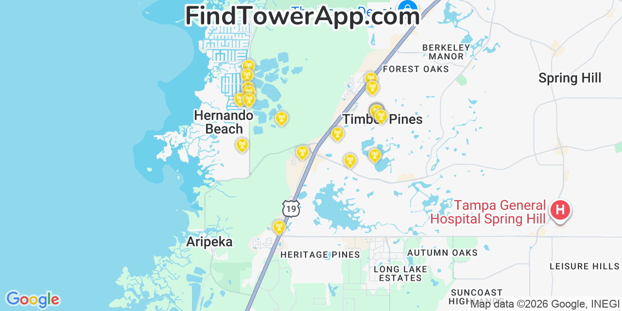 Map showing the 20 primary cell tower locations detected in Hernando Beach, Florida from AT&T, Verizon, and T-Mobile networks