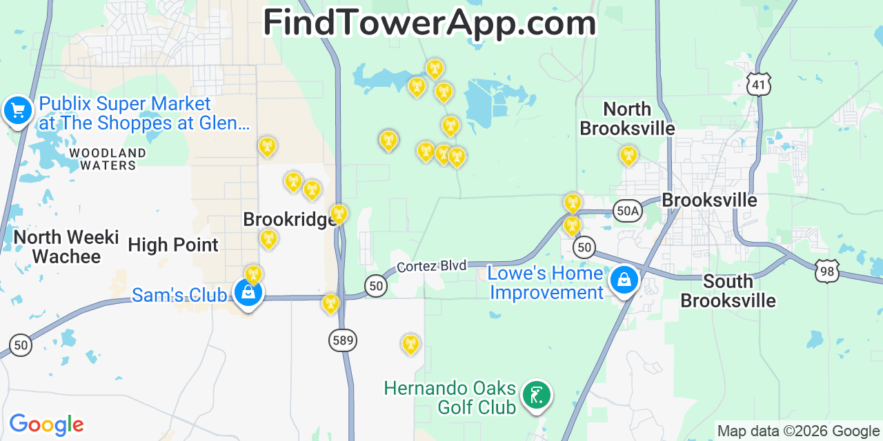 Map showing the 20 primary cell tower locations detected in Hernando, Florida from AT&T, Verizon, and T-Mobile networks