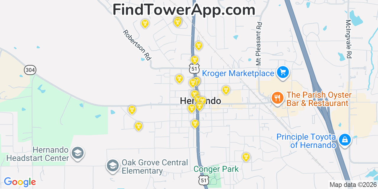 Map showing the 20 primary cell tower locations detected in Hernando, Mississippi from AT&T, Verizon, and T-Mobile networks