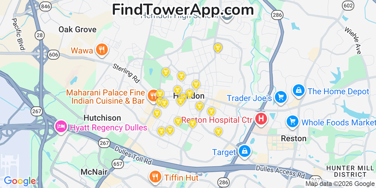 Map showing the 20 primary cell tower locations detected in Herndon, Virginia from AT&T, Verizon, and T-Mobile networks