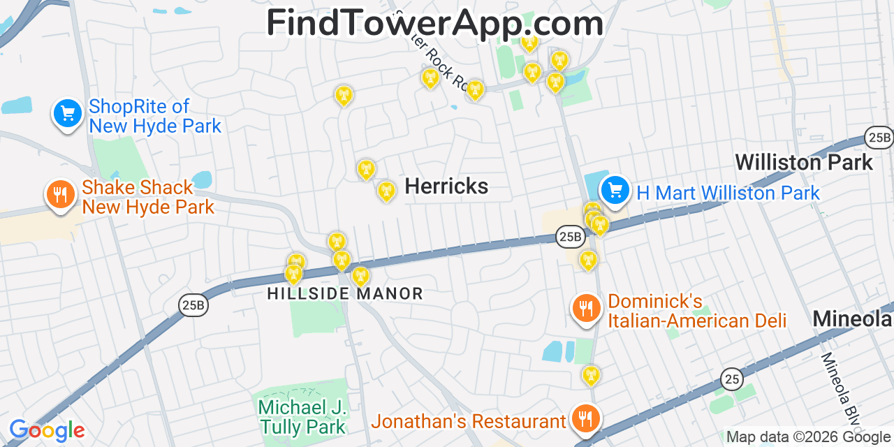 Map showing the 20 primary cell tower locations detected in Herricks, New York from AT&T, Verizon, and T-Mobile networks