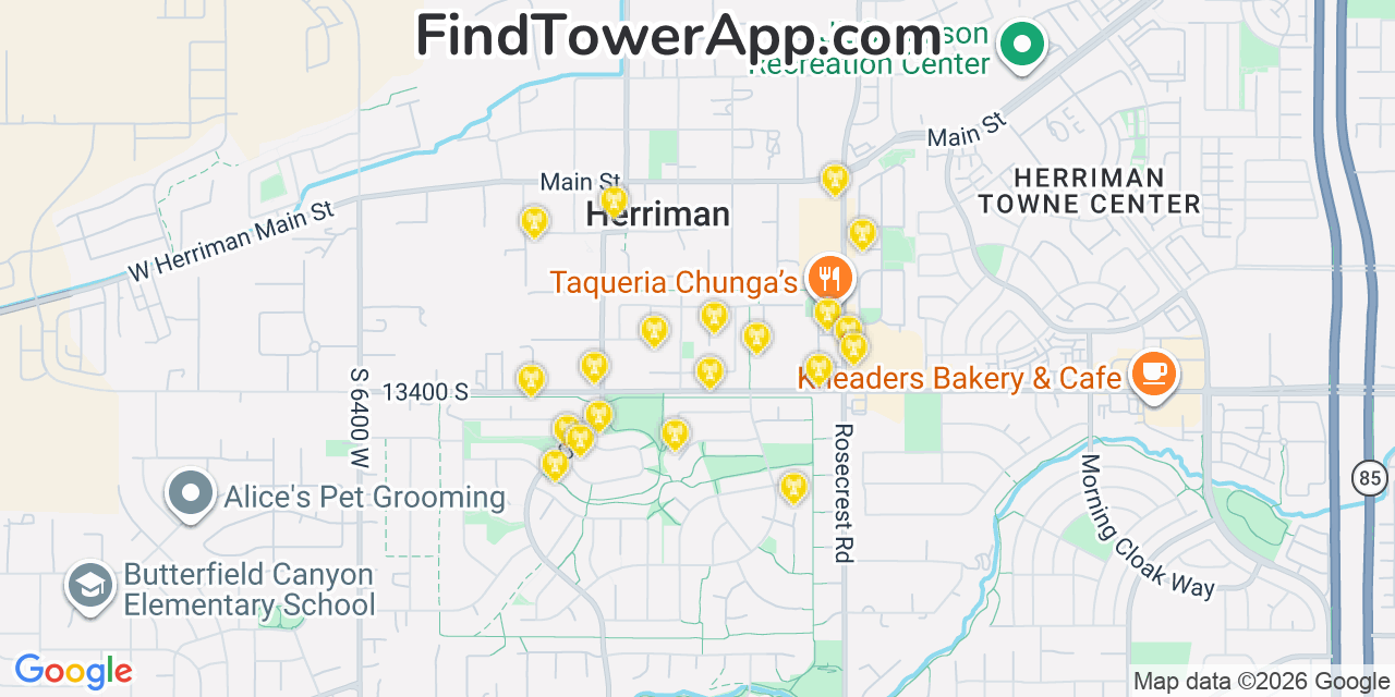 Map showing the 20 primary cell tower locations detected in Herriman, Utah from AT&T, Verizon, and T-Mobile networks