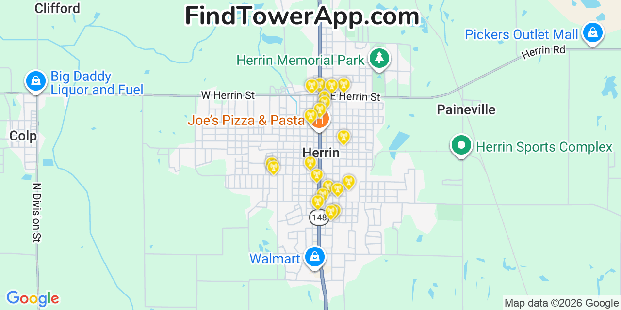 Map showing the 20 primary cell tower locations detected in Herrin, Illinois from AT&T, Verizon, and T-Mobile networks