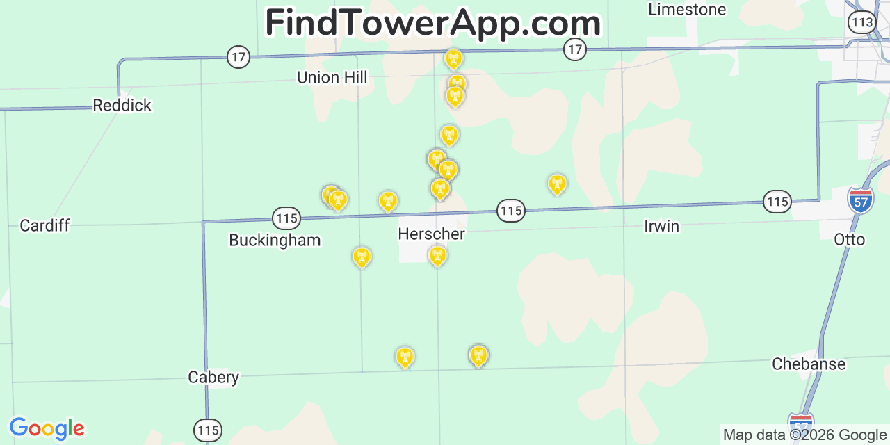 Map showing the 20 primary cell tower locations detected in Herscher, Illinois from AT&T, Verizon, and T-Mobile networks