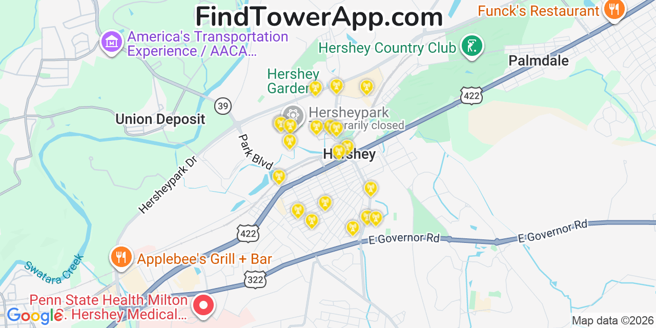 Map showing the 20 primary cell tower locations detected in Hershey, Pennsylvania from AT&T, Verizon, and T-Mobile networks