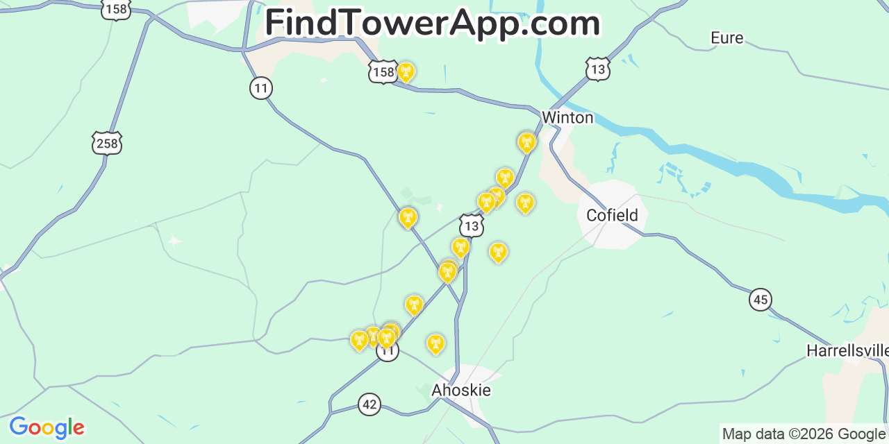 Map showing the 20 primary cell tower locations detected in Hertford, North Carolina from AT&T, Verizon, and T-Mobile networks
