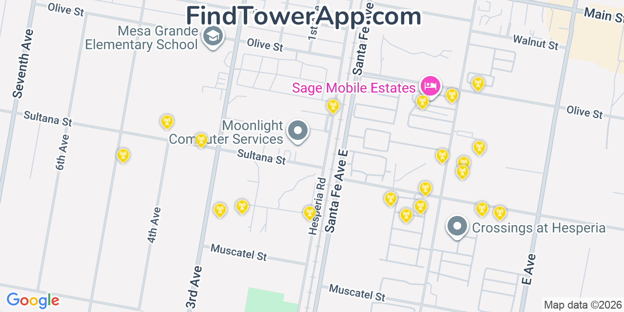 Map showing the 20 primary cell tower locations detected in Hesperia, California from AT&T, Verizon, and T-Mobile networks