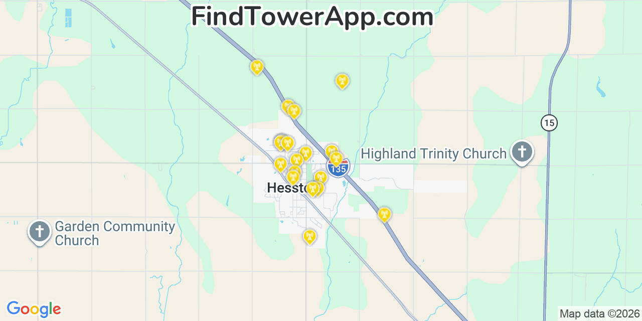 Map showing the 20 primary cell tower locations detected in Hesston, Kansas from AT&T, Verizon, and T-Mobile networks