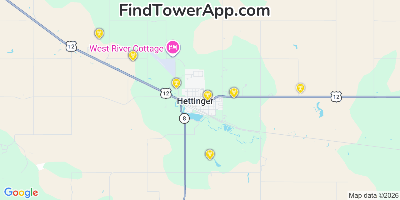 Map showing the 20 primary cell tower locations detected in Hettinger, North Dakota from AT&T, Verizon, and T-Mobile networks