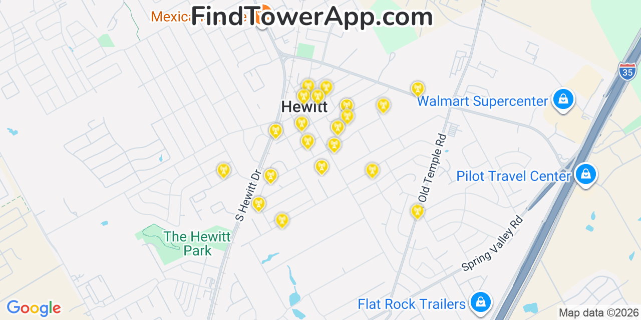 Map showing the 20 primary cell tower locations detected in Hewitt, Texas from AT&T, Verizon, and T-Mobile networks