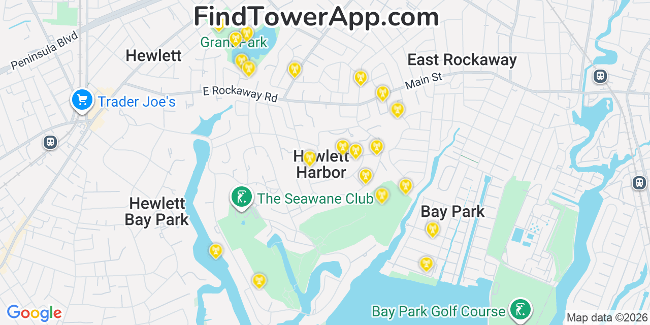 Map showing the 20 primary cell tower locations detected in Hewlett Harbor, New York from AT&T, Verizon, and T-Mobile networks