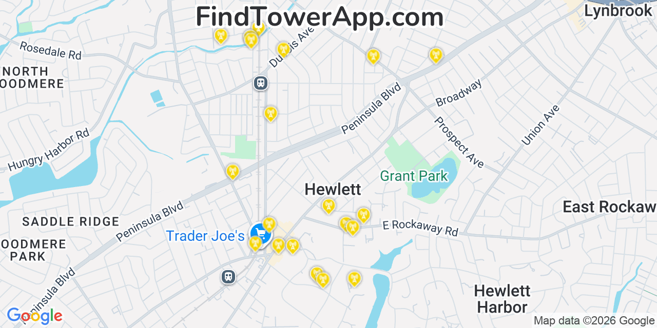 Map showing the 20 primary cell tower locations detected in Hewlett, New York from AT&T, Verizon, and T-Mobile networks