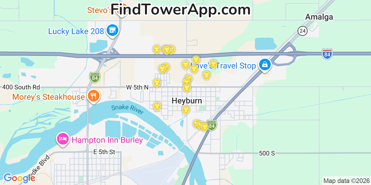 Map showing the 20 primary cell tower locations detected in Heyburn, Idaho from AT&T, Verizon, and T-Mobile networks