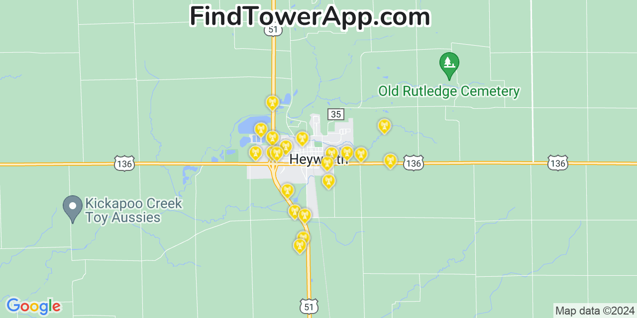 AT&T 4G/5G cell tower coverage map Heyworth, Illinois