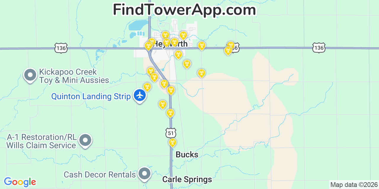 Map showing the 20 primary cell tower locations detected in Heyworth, Illinois from AT&T, Verizon, and T-Mobile networks