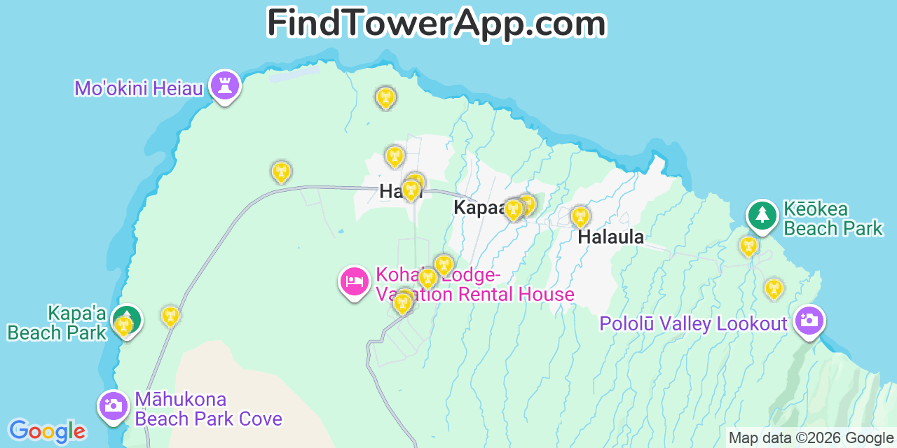 Map showing the 31 primary Verizon cell tower locations detected in Hï¾„Ã€Žï¾„Ï½«, Hawaii with coverage radius and signal strength indicators