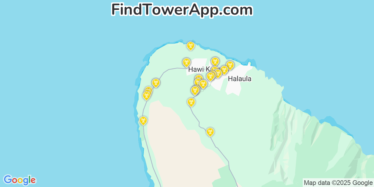 Map showing the 35 primary T-Mobile cell tower locations detected in Hï¾„Ã€Žï¾„Ï½«, Hawaii with coverage radius and signal strength indicators