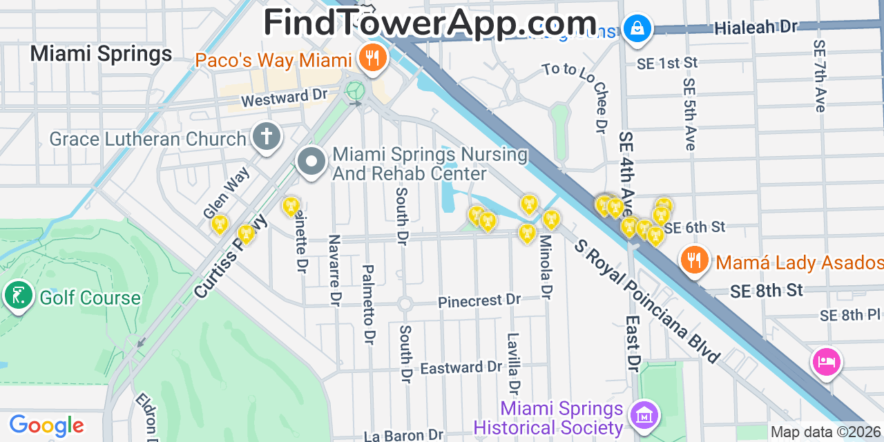 Map showing the 20 primary cell tower locations detected in Hialeah, Florida from AT&T, Verizon, and T-Mobile networks