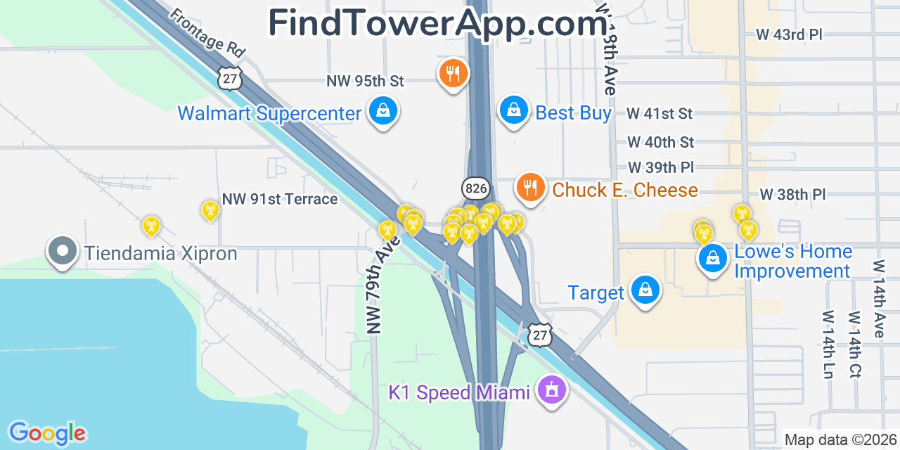 Map showing the 20 primary cell tower locations detected in Hialeah Gardens, Florida from AT&T, Verizon, and T-Mobile networks