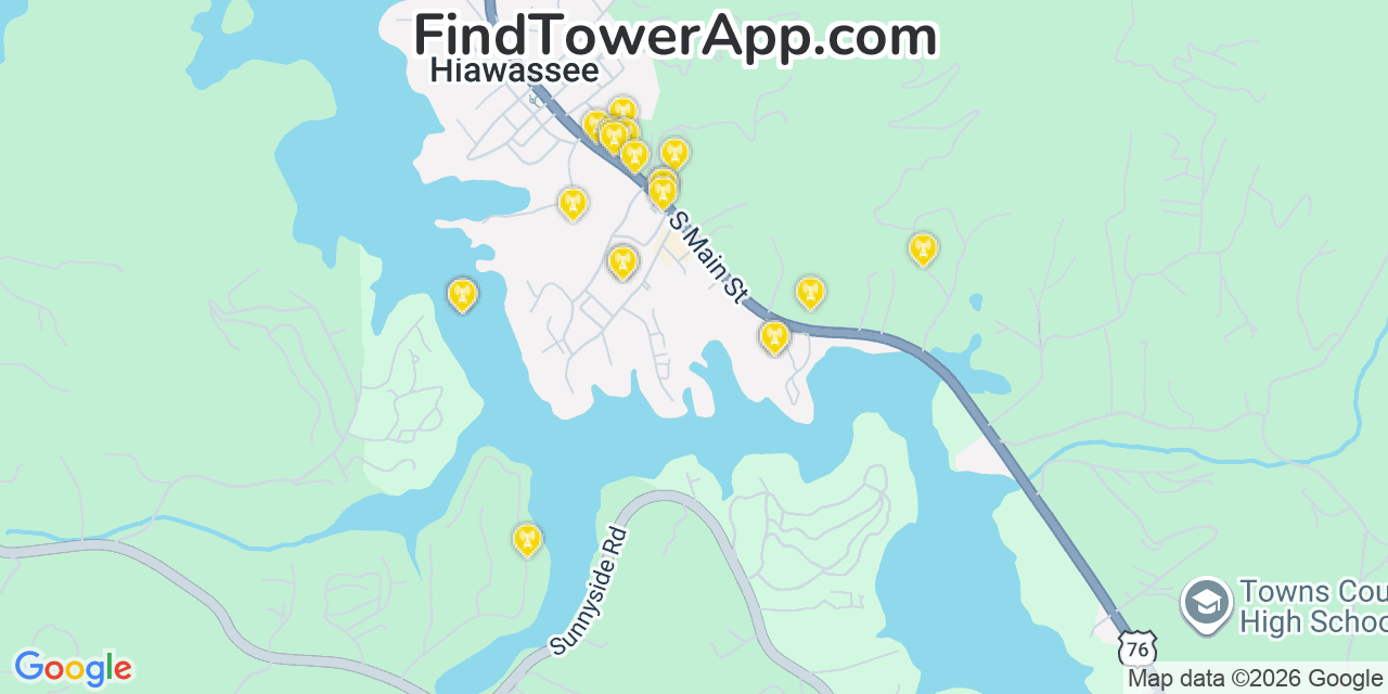 Map showing the 20 primary cell tower locations detected in Hiawassee, Georgia from AT&T, Verizon, and T-Mobile networks