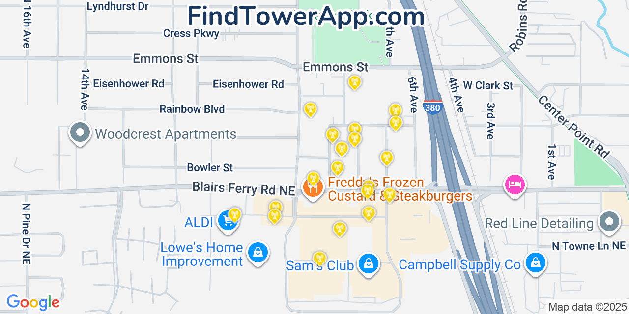 Map showing the 20 primary cell tower locations detected in Hiawatha, Iowa from AT&T, Verizon, and T-Mobile networks