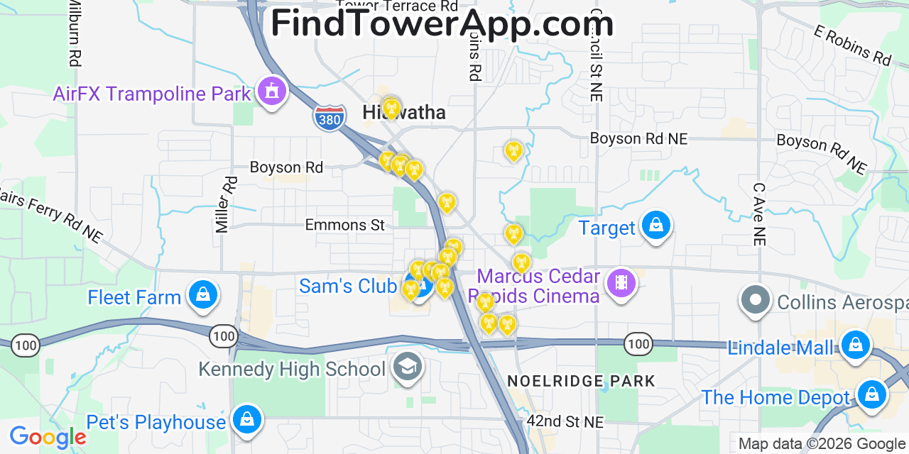 Map showing the 20 primary cell tower locations detected in Hiawatha, Iowa from AT&T, Verizon, and T-Mobile networks