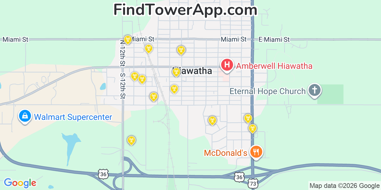 Map showing the 20 primary cell tower locations detected in Hiawatha, Kansas from AT&T, Verizon, and T-Mobile networks