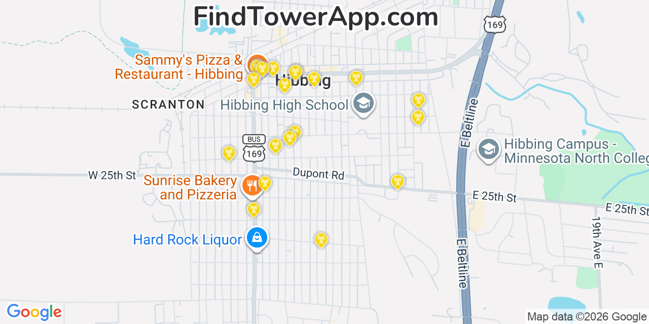 Map showing the 20 primary cell tower locations detected in Hibbing, Minnesota from AT&T, Verizon, and T-Mobile networks