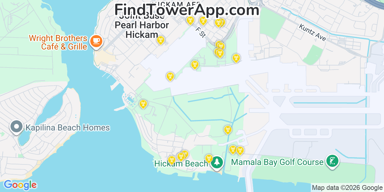 Map showing the 20 primary cell tower locations detected in Hickam Field, Hawaii from AT&T, Verizon, and T-Mobile networks