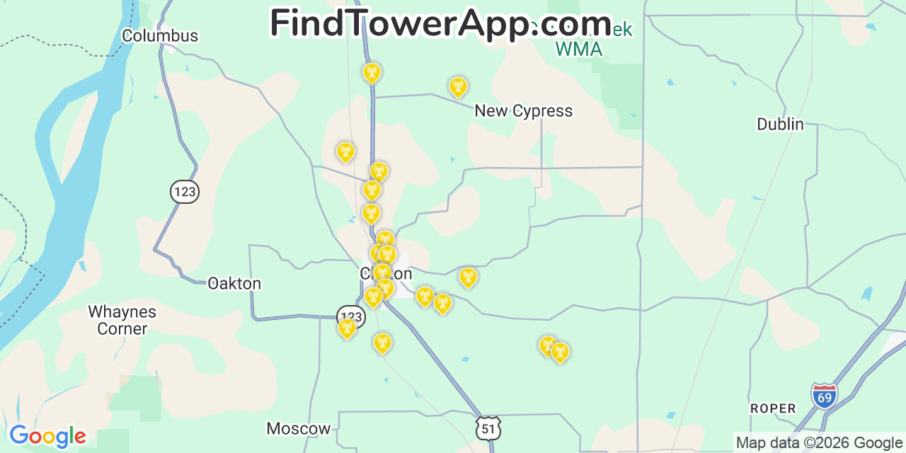 Map showing the 20 primary cell tower locations detected in Hickman, Kentucky from AT&T, Verizon, and T-Mobile networks