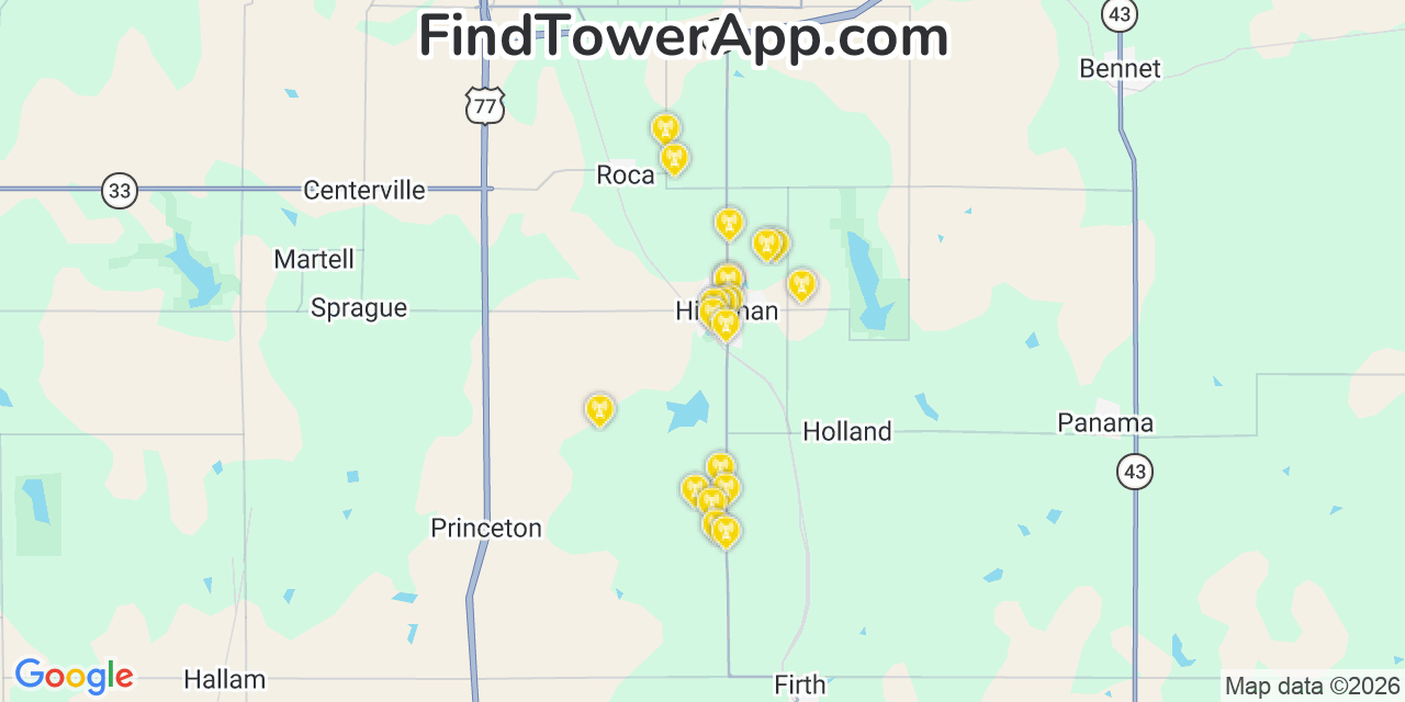 Map showing the 20 primary cell tower locations detected in Hickman, Nebraska from AT&T, Verizon, and T-Mobile networks
