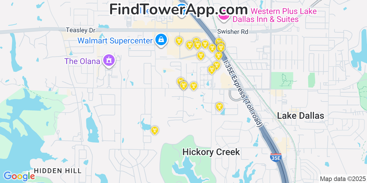 Map showing the 20 primary cell tower locations detected in Hickory Creek, Texas from AT&T, Verizon, and T-Mobile networks