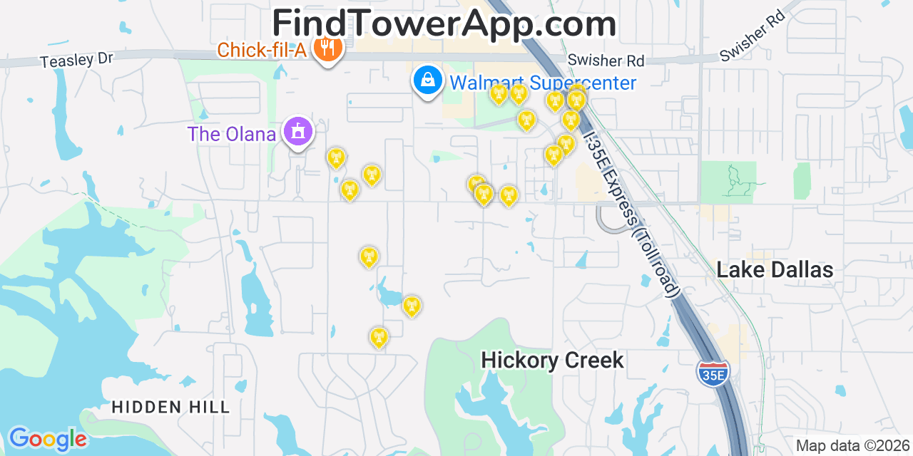 Map showing the 20 primary cell tower locations detected in Hickory Creek, Texas from AT&T, Verizon, and T-Mobile networks