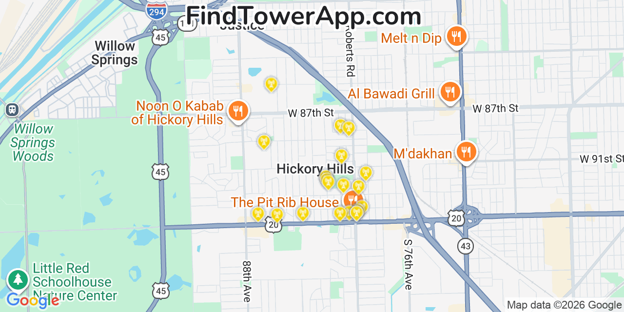 Map showing the 20 primary cell tower locations detected in Hickory Hills, Illinois from AT&T, Verizon, and T-Mobile networks