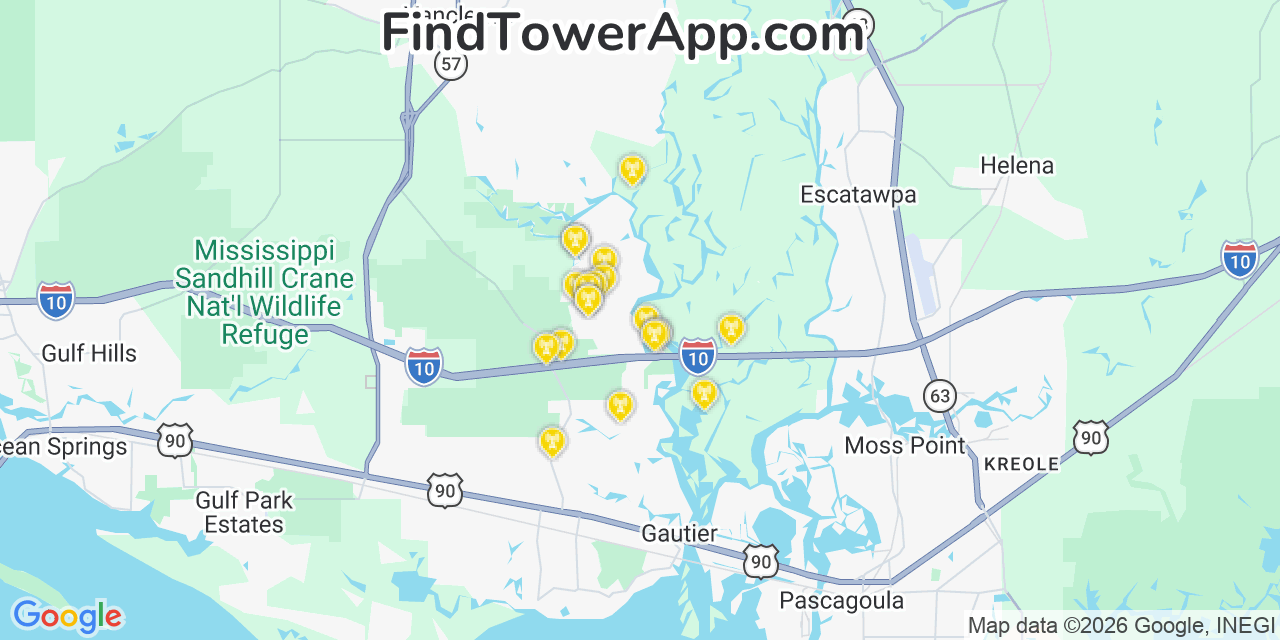 Map showing the 20 primary cell tower locations detected in Hickory Hills, Mississippi from AT&T, Verizon, and T-Mobile networks