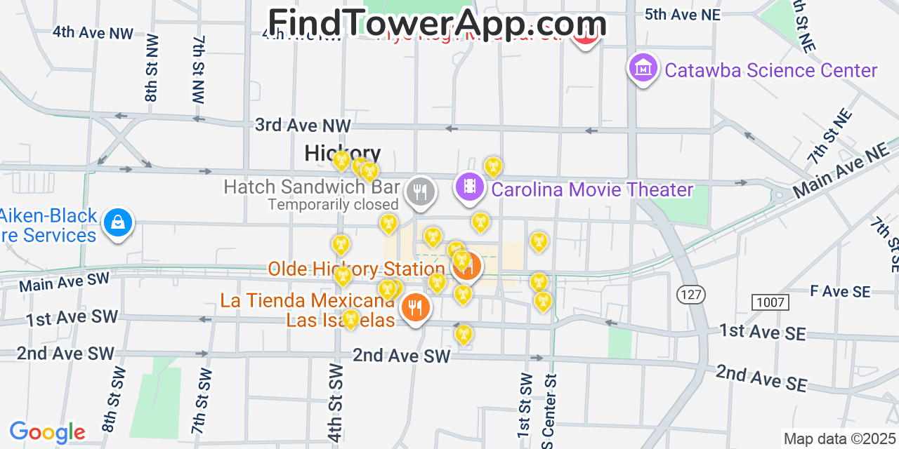 Map showing the 20 primary cell tower locations detected in Hickory, North Carolina from AT&T, Verizon, and T-Mobile networks
