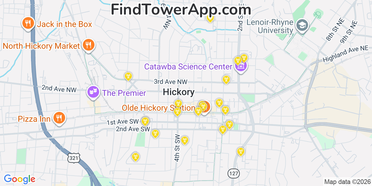 Map showing the 20 primary cell tower locations detected in Hickory, North Carolina from AT&T, Verizon, and T-Mobile networks