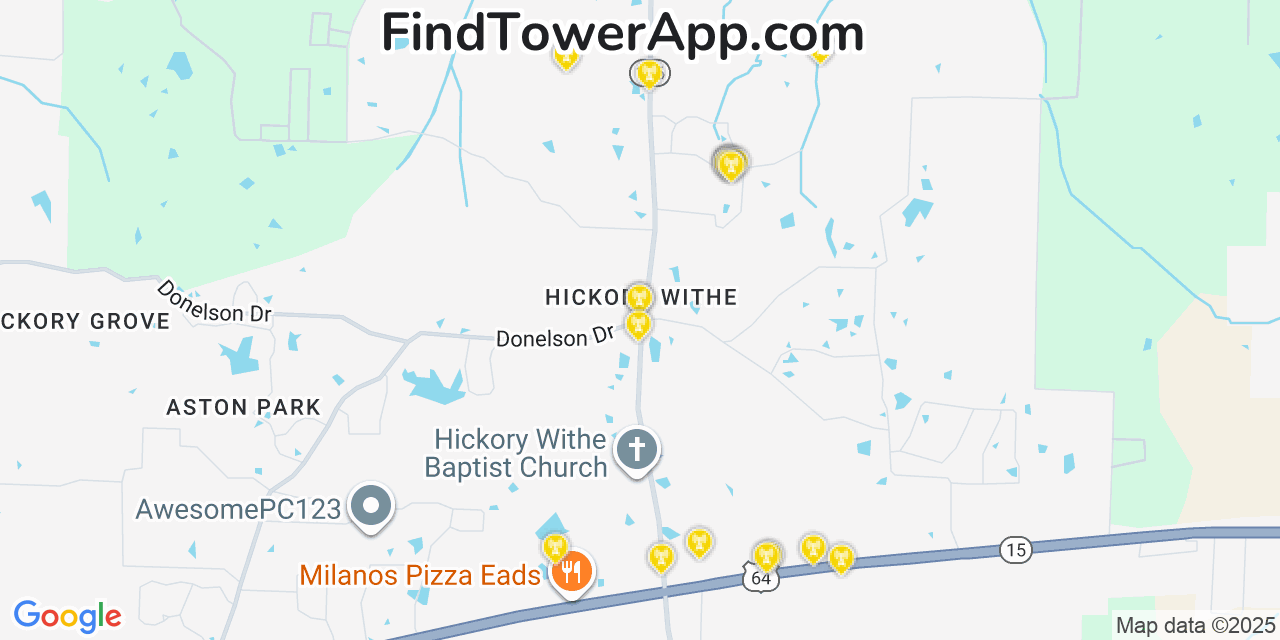 Map showing the 20 primary cell tower locations detected in Hickory Withe, Tennessee from AT&T, Verizon, and T-Mobile networks