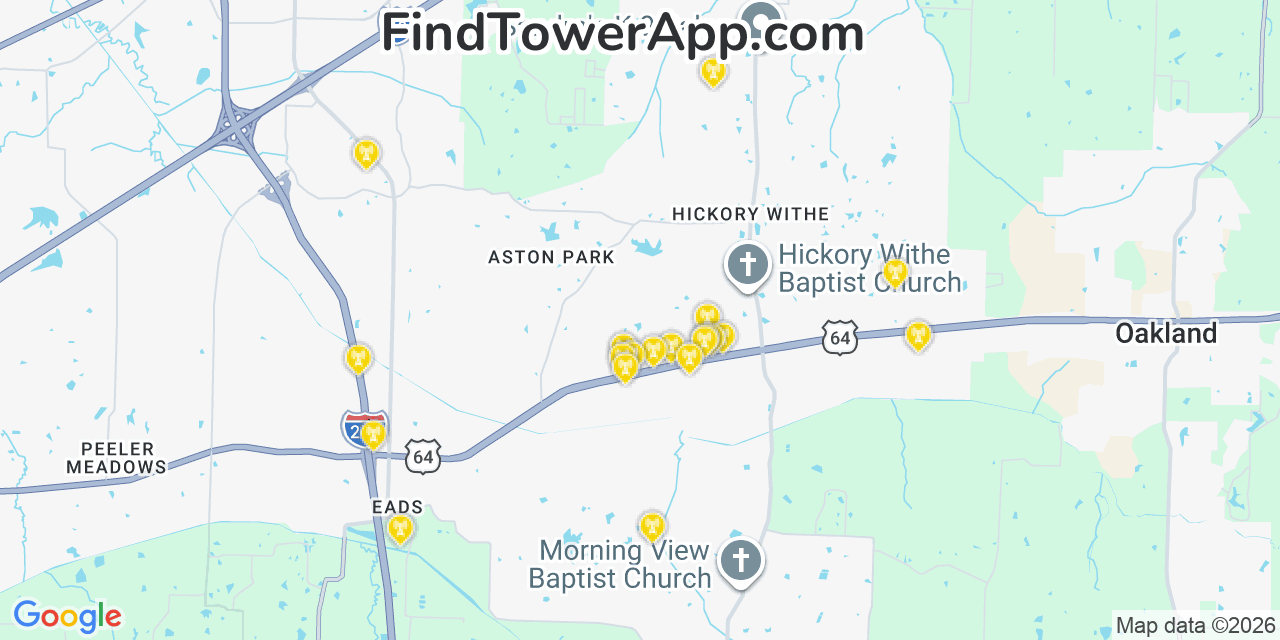 Map showing the 20 primary cell tower locations detected in Hickory Withe, Tennessee from AT&T, Verizon, and T-Mobile networks