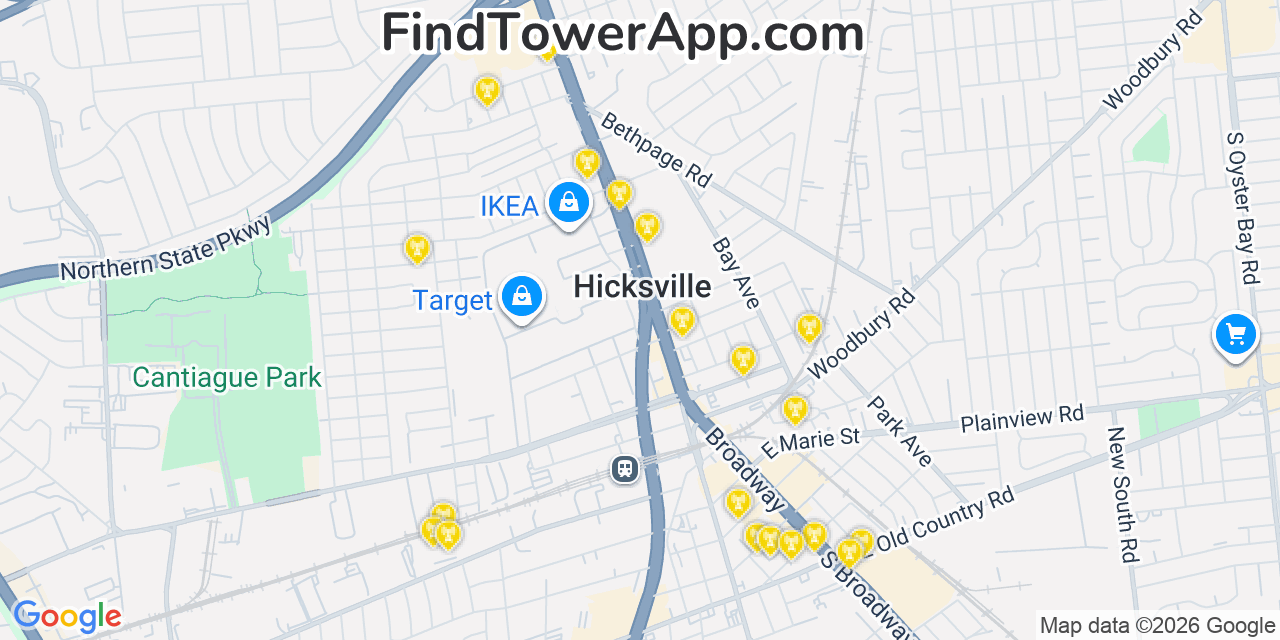 Map showing the 20 primary cell tower locations detected in Hicksville, New York from AT&T, Verizon, and T-Mobile networks