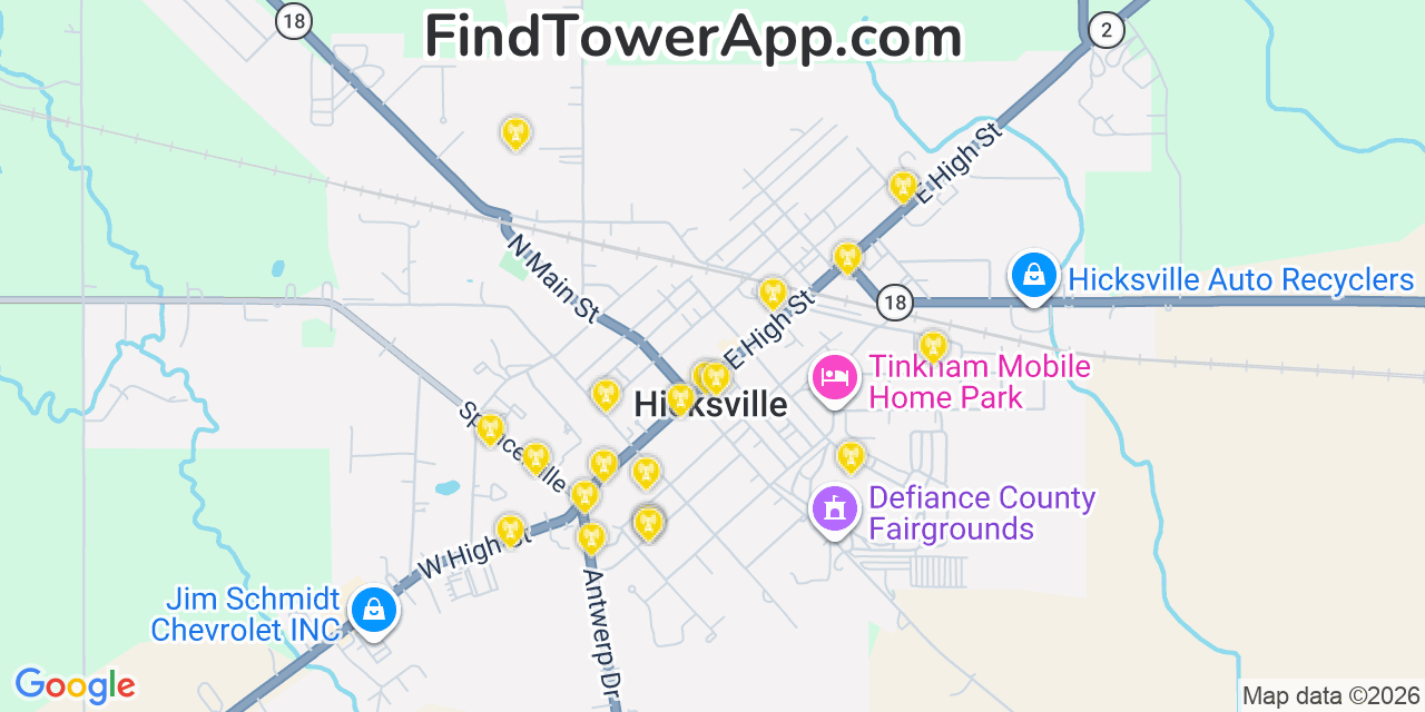 Map showing the 20 primary cell tower locations detected in Hicksville, Ohio from AT&T, Verizon, and T-Mobile networks