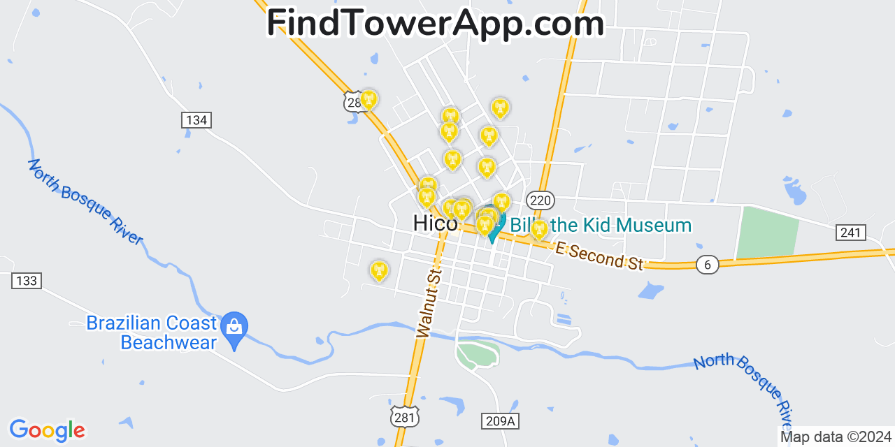 AT&T 4G/5G cell tower coverage map Hico, Texas