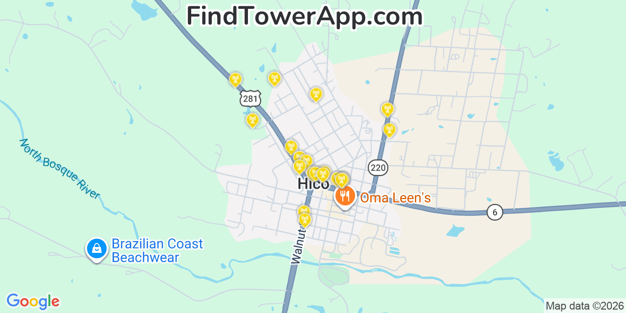 Map showing the 20 primary cell tower locations detected in Hico, Texas from AT&T, Verizon, and T-Mobile networks